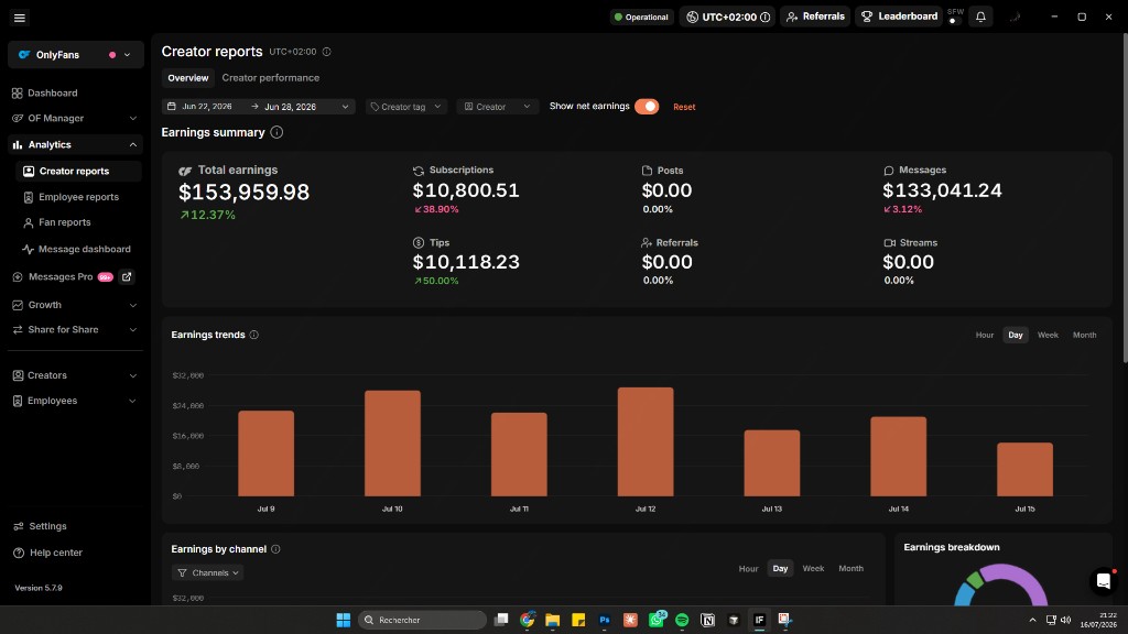 Écran Creator Reports du logiciel