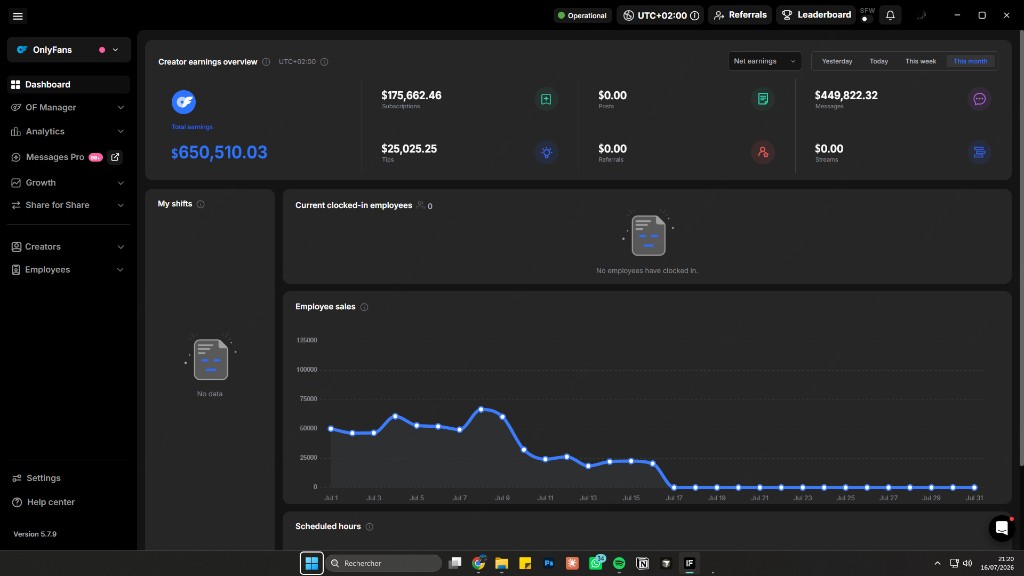 Écran Dashboard du logiciel